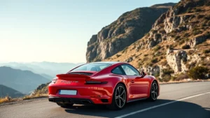 Red Porsche 911 Carrera sports car photographed from three-quarter angle on mountain road with scenic vista background, natural daylight