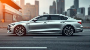Sleek silver luxury sedan with modern aerodynamic design, photographed from three-quarter angle on empty asphalt road with blurred cityscape background, professional automotive photography style