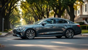 2024 luxury sedan parked on tree-lined residential street, gleaming paint, professional automotive photography, morning light, premium appearance