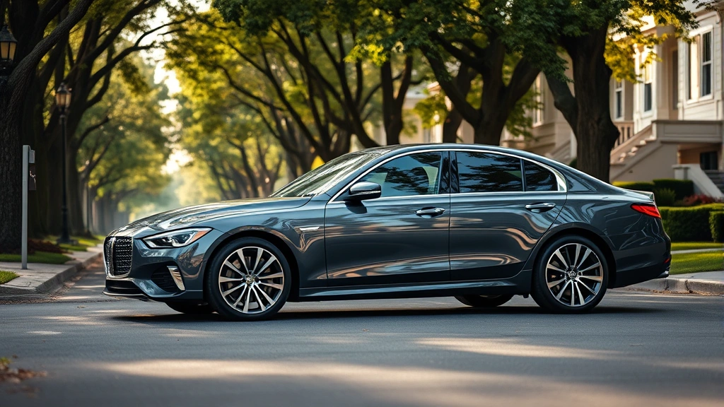 2024 luxury sedan parked on tree-lined residential street, gleaming paint, professional automotive photography, morning light, premium appearance