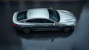 Overhead view of sleek luxury sedan on reflective wet pavement, emphasizing elegant design lines and premium wheel design, modern automotive photography