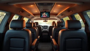Modern family minivan interior with three rows of seating, leather upholstery, rear entertainment screens, and ambient lighting, photographed from elevated angle showing spacious cabin layout with family-friendly features