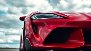 Sleek red sports car with aggressive front splitter and LED headlights photographed from low angle against dramatic sky, professional automotive photography style