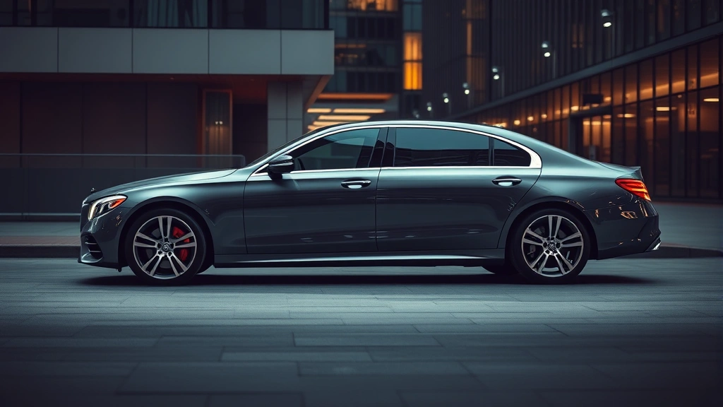 Professional automotive photography of a sleek luxury sedan parked in modern urban setting with dramatic lighting, focusing on elegant curves and premium details without visible text or badges