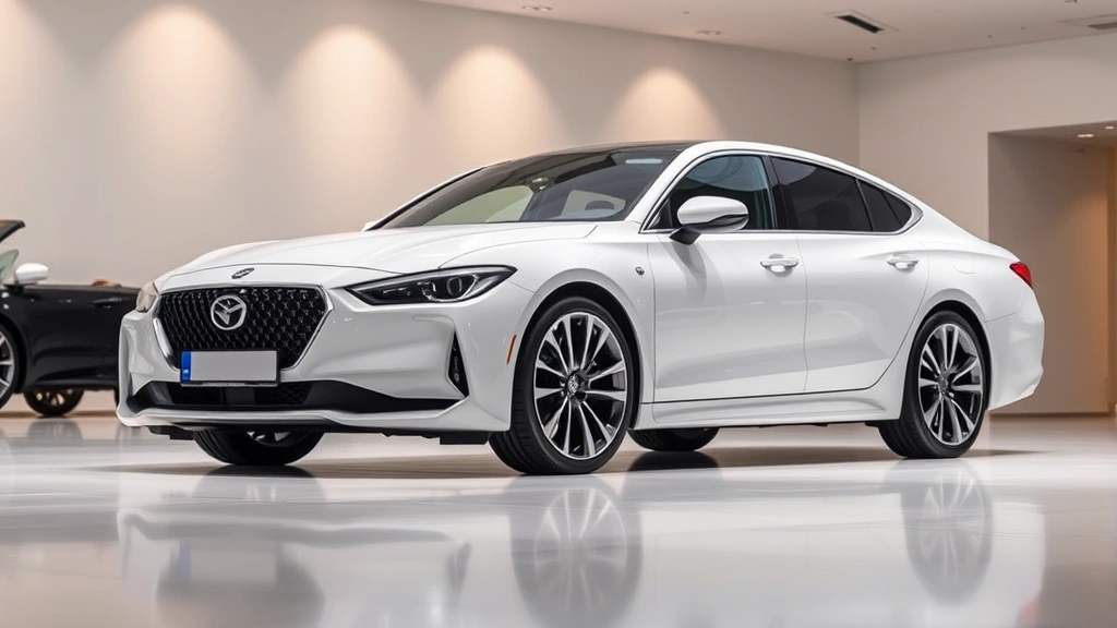 Modern luxury sedan parked in contemporary showroom with minimalist design, soft lighting highlighting sleek exterior lines and premium paint finish
