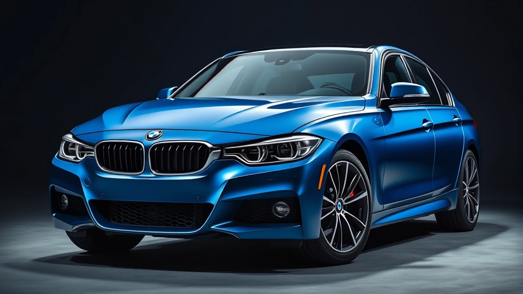 Sleek metallic blue BMW 340i sport sedan photographed from three-quarter front angle in professional automotive studio setting with dramatic lighting highlighting aerodynamic lines and turbocharged engine details