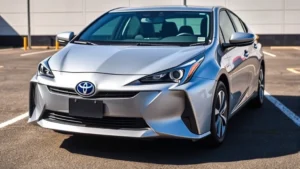 2024 Toyota Prius hybrid sedan in silver, photographed from three-quarter front angle in bright daylight, modern parking lot background, sleek aerodynamic design visible, no visible text or badges