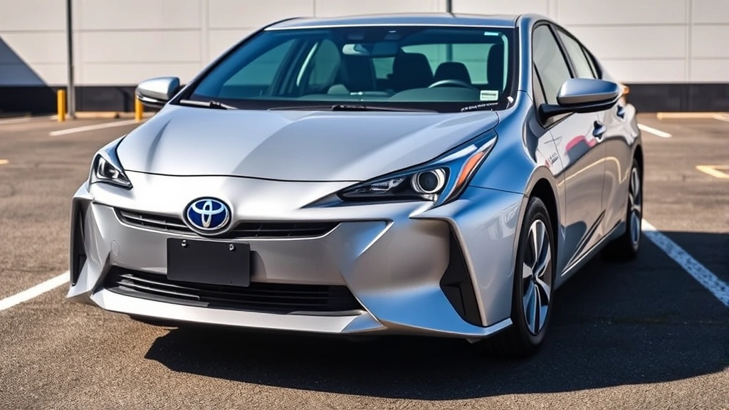 2024 Toyota Prius hybrid sedan in silver, photographed from three-quarter front angle in bright daylight, modern parking lot background, sleek aerodynamic design visible, no visible text or badges