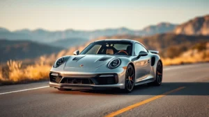 Porsche 911 Turbo S 2024 silver coupe photographed from three-quarter front angle on mountain road with blurred landscape background, professional automotive photography