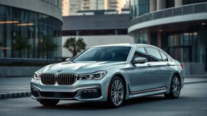 Sleek silver BMW 7 Series luxury sedan photographed from three-quarter angle in modern urban setting, showcasing elegant bodywork and premium lighting design
