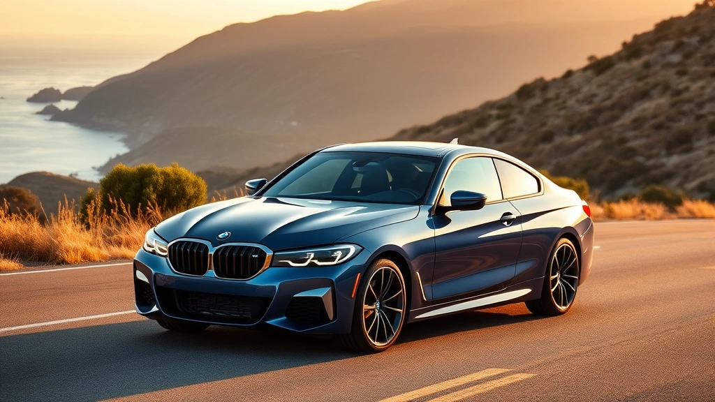2024 BMW M440i xDrive luxury sedan in metallic blue, photographed from three-quarter front angle on a coastal mountain road, showcasing sleek body lines and dynamic stance, professional automotive photography, golden hour lighting, no visible text or badges