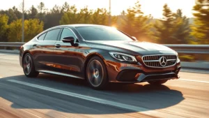 Sleek luxury sedan with chrome accents, shot from three-quarter angle on modern highway, afternoon sunlight reflecting off polished paint