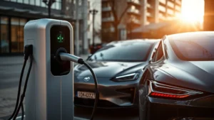 Modern electric vehicle charging at public charging station with sleek design, afternoon sunlight, urban setting, no text visible