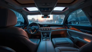 2024 luxury sedan interior showcasing premium leather, ambient lighting, and advanced infotainment display, elegant dashboard design with wood trim accents