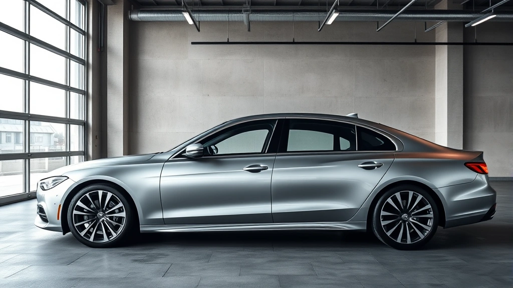 Sleek silver luxury sedan photographed from three-quarter angle in modern garage with contemporary minimalist interior visible through windows, professional automotive photography