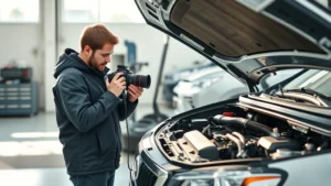 Professional automotive journalist conducting detailed vehicle inspection, checking engine components and mechanical systems with diagnostic tools in modern testing facility, natural lighting