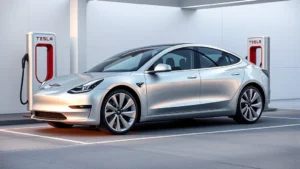 Sleek silver Tesla Model 3 electric sedan parked in modern minimalist charging station, futuristic design, clean lines, contemporary architecture background
