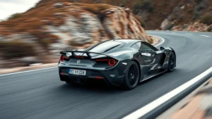 High-performance sports car executing sharp cornering maneuver on mountain road, dynamic motion blur, professional automotive photography, overcast daylight, pristine asphalt surface