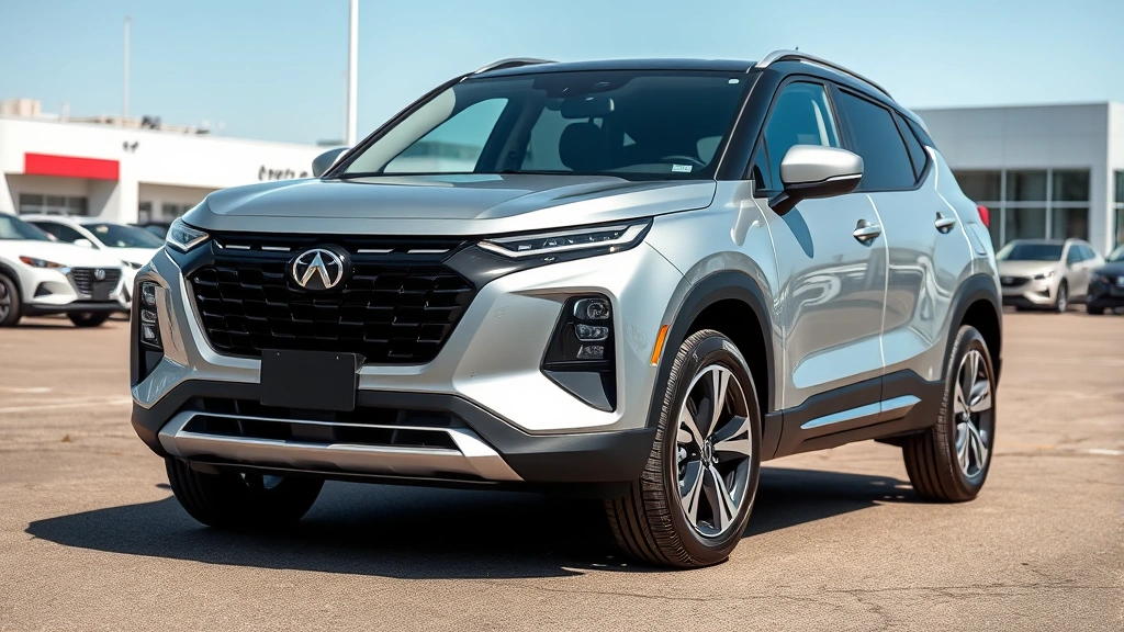 2024 compact SUV in modern silver metallic, three-quarter front view, professional automotive photography, clean dealership lot background, bright daylight, sharp focus on body lines and design details, no visible text or logos