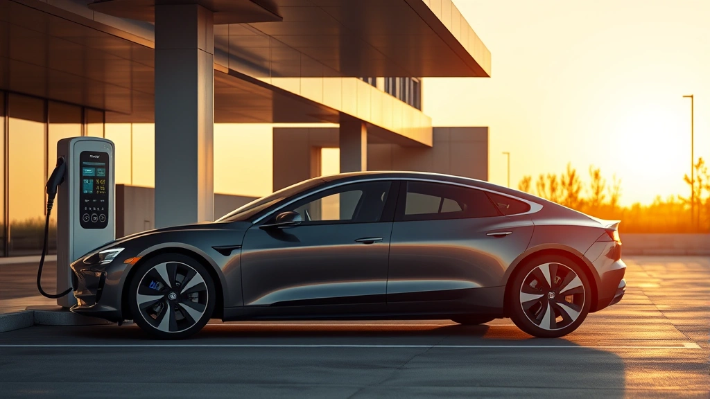Luxury electric sedan parked at modern charging station with minimalist architecture, sleek profile, premium wheels, sunset lighting, photorealistic