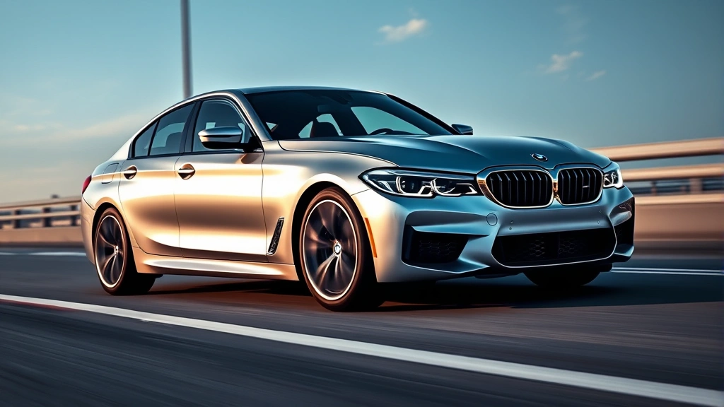 Sleek silver BMW M440i sedan photographed from three-quarter front angle on modern highway, showcasing turbocharged performance and premium styling with dynamic lighting