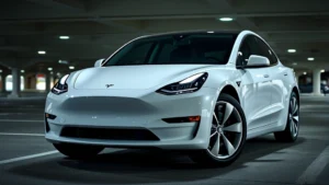 2024 Tesla Model Y in pearl white multi-coat, three-quarter front view, modern parking structure background, professional automotive photography lighting