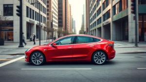 Red Tesla Model 3 Performance sedan on modern urban street, sleek aerodynamic profile, premium wheels, clean contemporary design