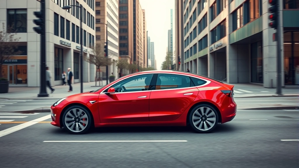 Red Tesla Model 3 Performance sedan on modern urban street, sleek aerodynamic profile, premium wheels, clean contemporary design