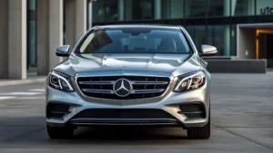 Sleek silver Mercedes S-Class luxury sedan with LED headlights, photographed from front three-quarter angle against modern urban architecture backdrop, emphasizing elegant proportions and premium design elements
