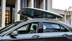 Luxury sedan with sleek chrome accents, panoramic sunroof open, sophisticated interior visible through windows, parked in front of modern architecture