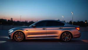 Sleek luxury sedan with modern design, premium alloy wheels, photographed at dusk with elegant lighting reflecting off polished surface