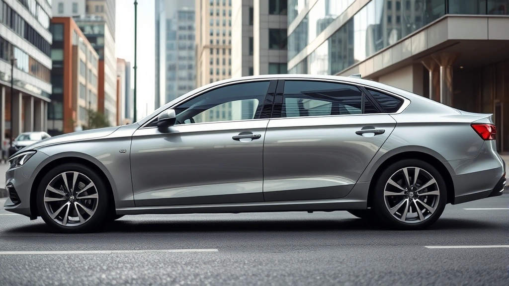 Sleek 2024 silver sedan parked on modern urban street with contemporary architecture background, professional automotive photography, daytime lighting, sharp focus on vehicle profile