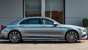 Sleek luxury sedan parked in elegant modern setting, premium leather interior visible through windows, polished chrome details, sophisticated color palette, professional automotive photography