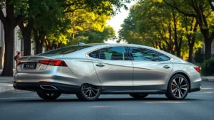 Sleek 2024 luxury sedan with metallic silver finish parked on tree-lined street, professional photography, afternoon sunlight highlighting curves, high-end automotive showcase