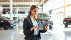 Professional woman automotive consultant reviewing vehicle specifications on tablet in modern dealership showroom, natural lighting, confident posture, contemporary business casual attire