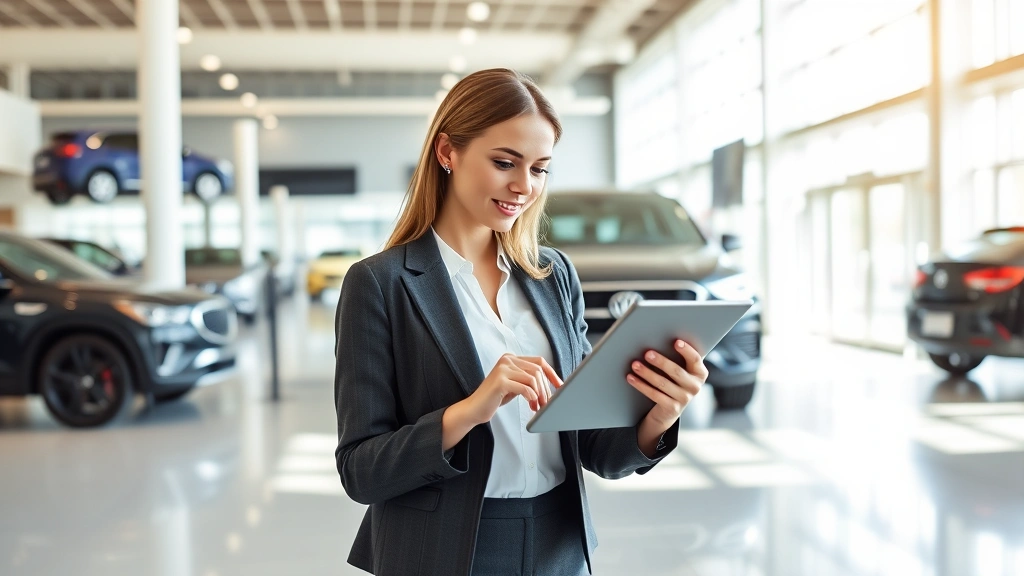 Professional woman automotive consultant reviewing vehicle specifications on tablet in modern dealership showroom, natural lighting, confident posture, contemporary business casual attire