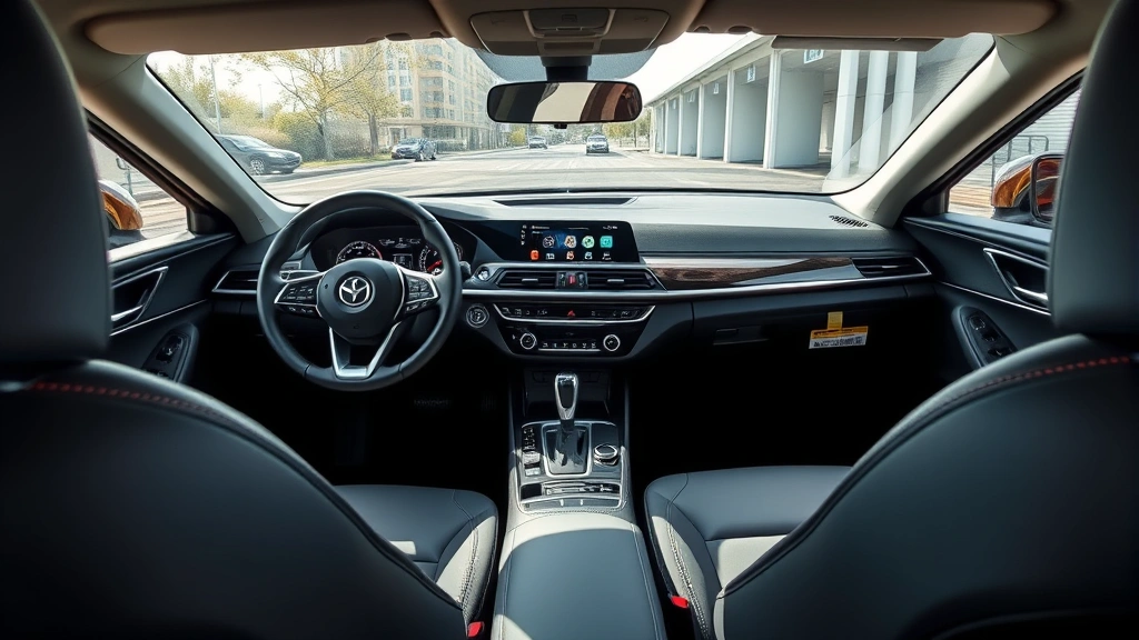 Wide-angle interior photograph of modern sedan cabin showing steering wheel, dashboard, infotainment display, and front seats with premium upholstery materials, natural sunlight through windshield, professional automotive photography style