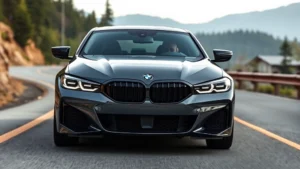 A sleek 2024 BMW M440i xDrive sedan photographed from a three-quarter front angle on a winding mountain road, highlighting its aggressive grille design and muscular body lines with blurred forest scenery in the background