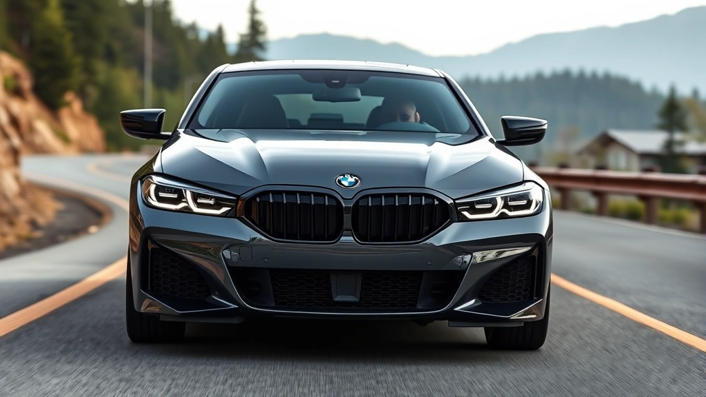 A sleek 2024 BMW M440i xDrive sedan photographed from a three-quarter front angle on a winding mountain road, highlighting its aggressive grille design and muscular body lines with blurred forest scenery in the background