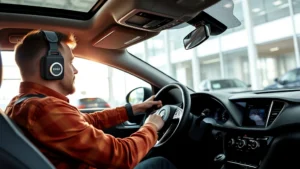 Professional automotive journalist evaluating vehicle interior dashboard and steering wheel in modern showroom setting with natural lighting