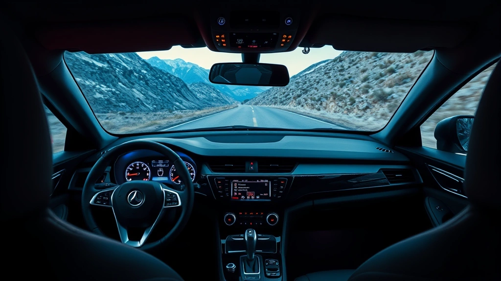 High-performance luxury sedan interior dashboard with ambient lighting, leather trim, digital instrument cluster, panoramic windshield view of winding mountain road