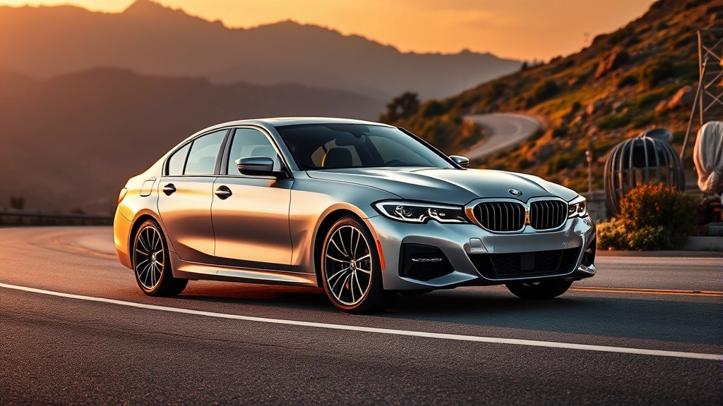 Sleek silver BMW 3 Series sedan photographed at sunset on a winding mountain road, dynamic angle showing sport design lines and modern turbocharged engine capability