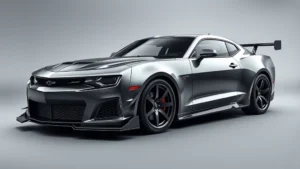 High-performance American sports car in aggressive stance, metallic paint, side profile showing muscular body lines and racing-inspired design elements, professional photography