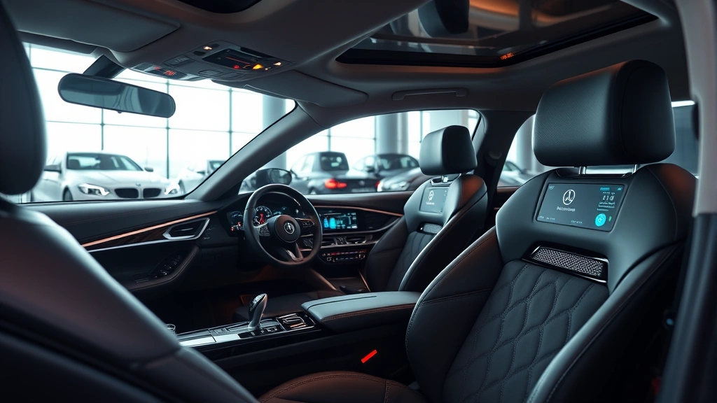 Luxury sedan interior with premium leather seats, ambient lighting, and advanced digital dashboard display in modern automotive showroom setting