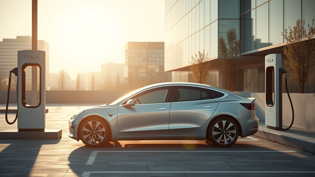 Sleek silver Tesla Model 3 sedan parked in modern urban charging station, minimalist design, cinematic lighting, afternoon sunlight, photorealistic automotive photography