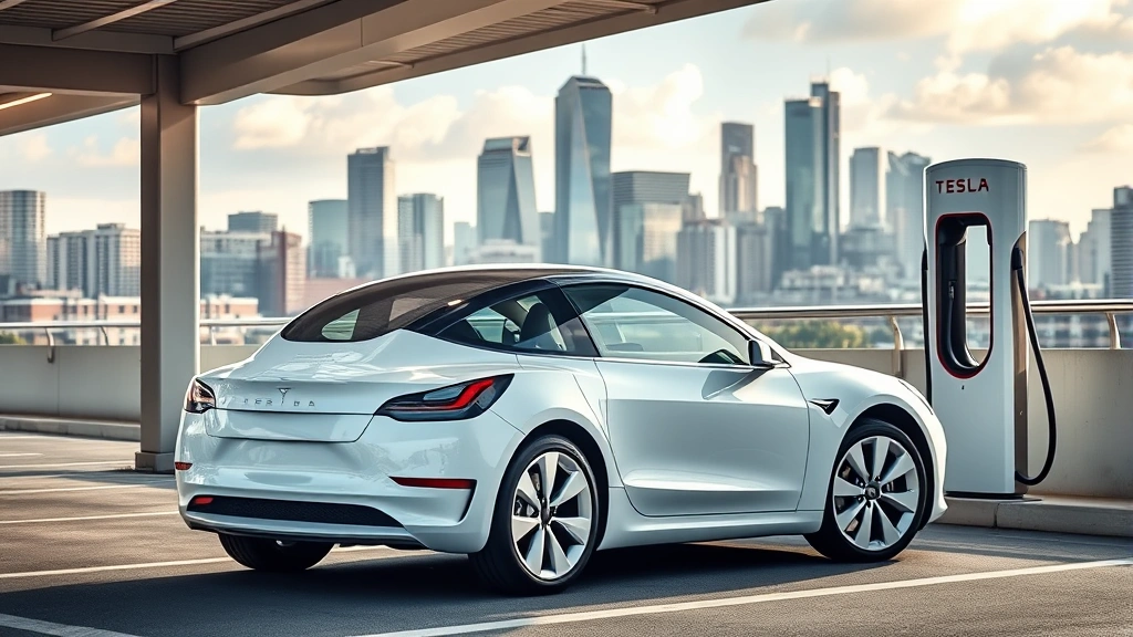 Tesla Model 3 pearl white sedan parked in modern charging station with urban skyline background, 45-degree angle view