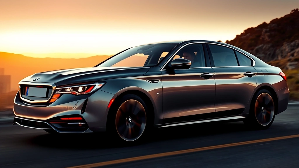 Sleek luxury sedan with polished metallic finish driving on mountain road, golden hour lighting, premium interior visible through windows