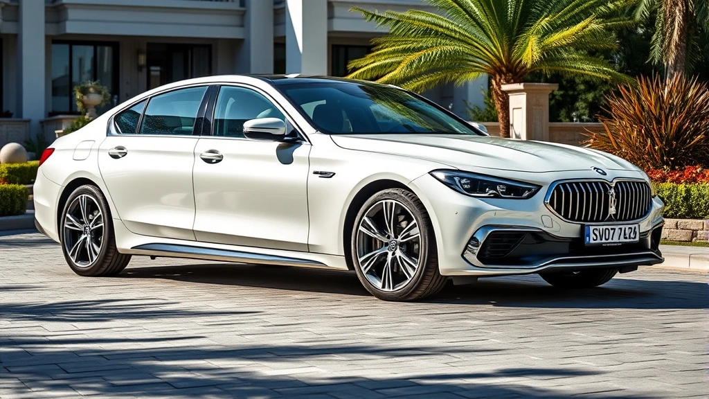 Modern luxury sedan parked on exclusive driveway, sleek design, premium materials visible, professional automotive photography, daylight setting
