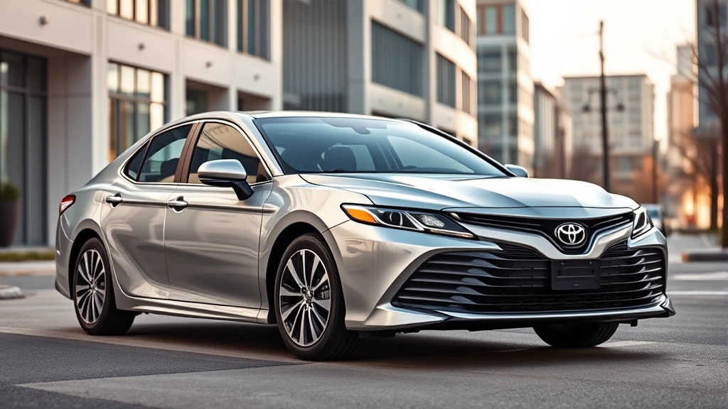 Professional automotive photography showing 2024 Toyota Camry hybrid sedan in silver, parked on modern urban street with contemporary architecture background, daytime lighting, pristine condition