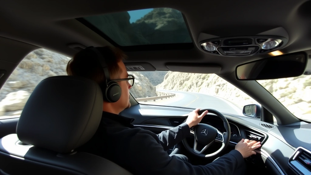 Professional automotive journalist testing a luxury sedan on a winding mountain road, focused driving position, natural daylight, premium interior visible through windshield